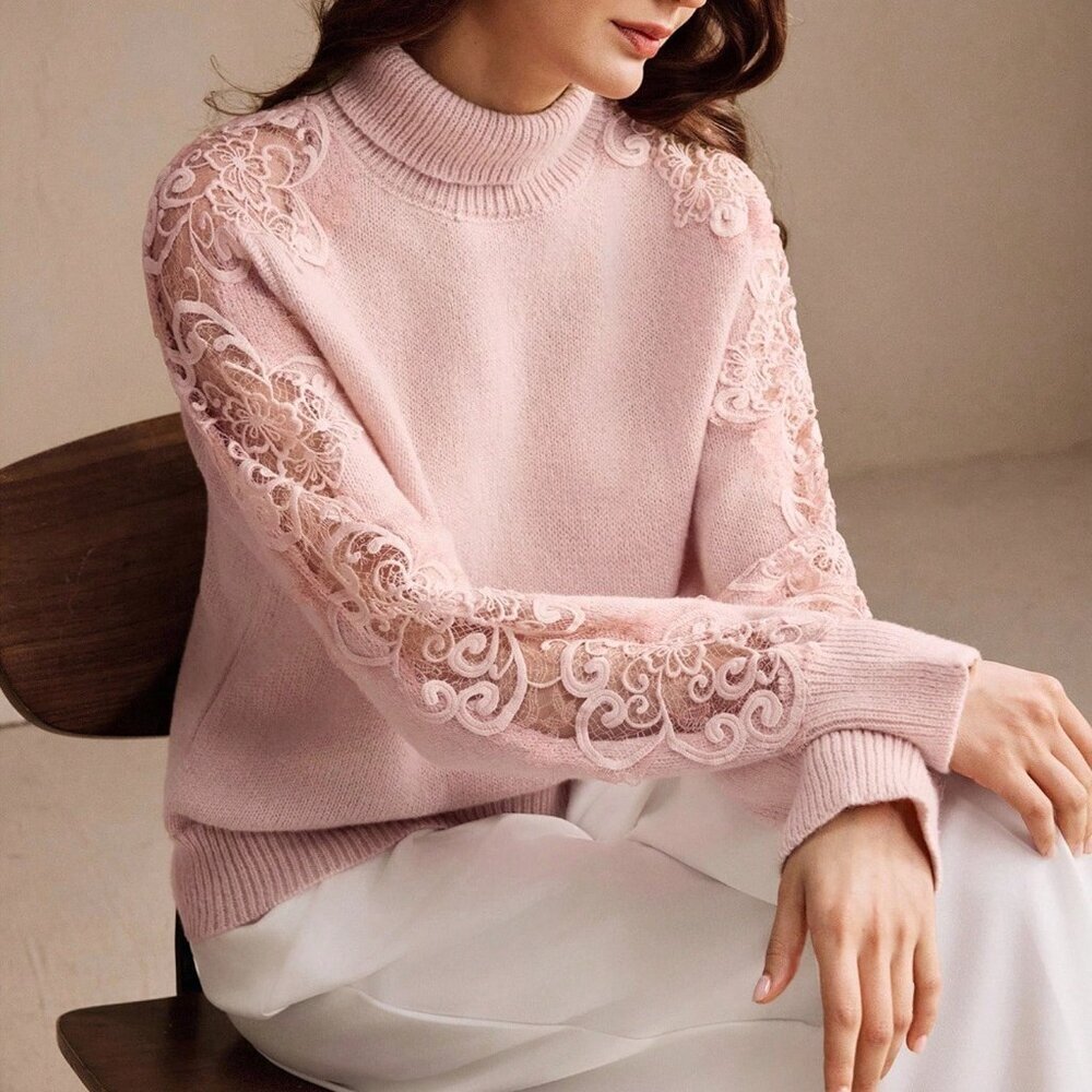 Mauve Elegant Women's High Collar Contrast Lace Long Sleeve Sweater